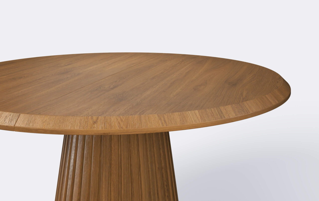 Stół okrągły rozkładany na jednej nodze z lamelami.