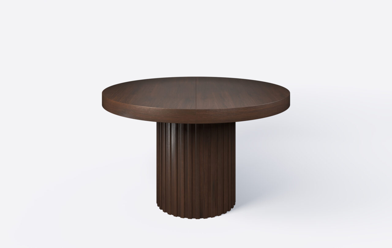 okrągły stół na jednej nodze z lamelami, rozkładany.