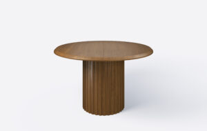 okrągły stół na jednej nodze z lamelami z litego drewna dębowego, blat fornirowany z możliwością rozkładania.