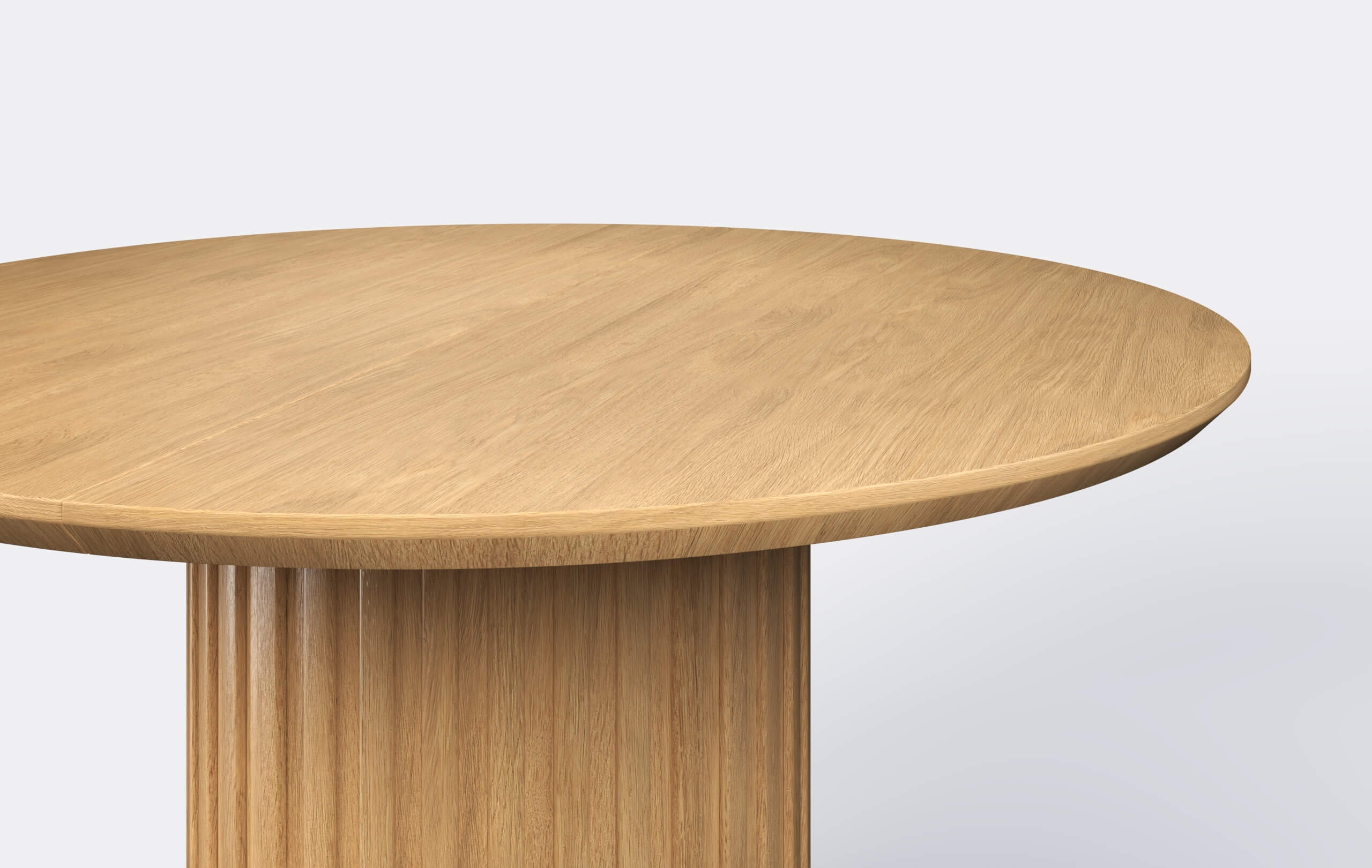 Okrągły stół z lamelami na jednej nodze, rozkładany, blat podcięty od dołu.