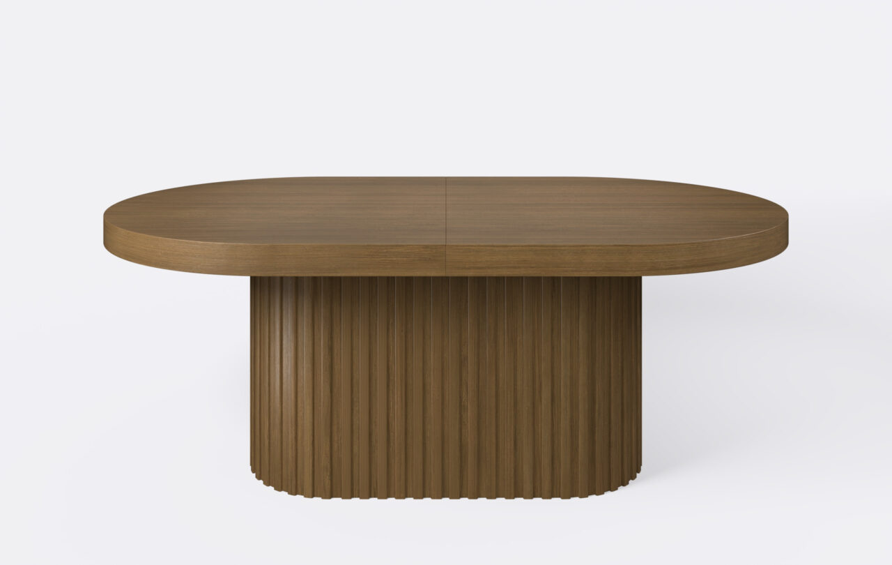 Duży owalny stół rozkładany na jednej nodze z lamelami.