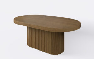 Owalny stół rozkładany fornirowany, na jednej nodze z lamelami z litego drewna.