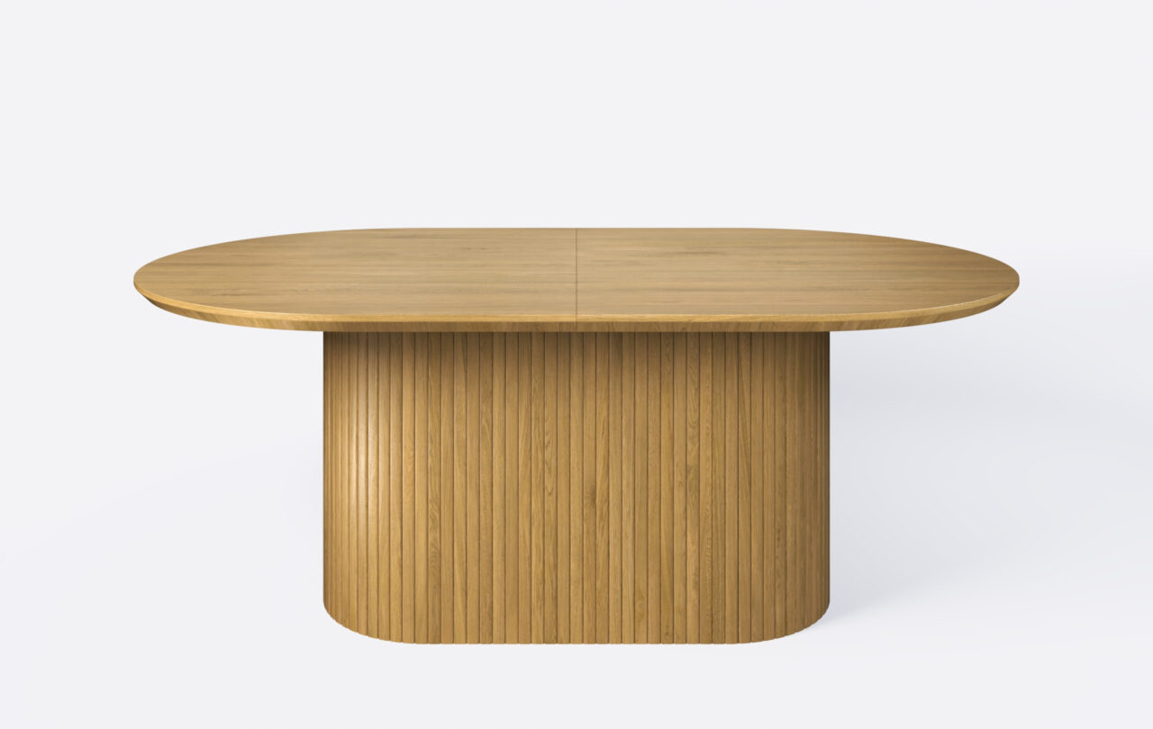 Stół do jadalni owalny na jednej nodze z lamelami, blat podcięty od dołu, rozkładany.