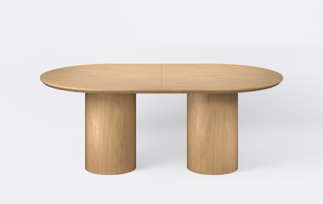 Nowoczesny stół na dwóch nogach, podcięty blat.