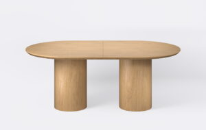 Nowoczesny stół na dwóch nogach, podcięty blat.