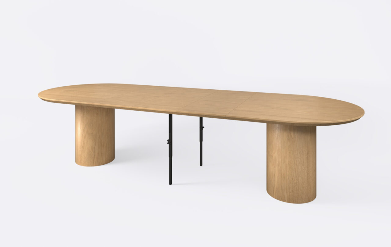 Stół na dwóch nogach okrągłych, rozłożony i poszerzony o 3 dodatkowe wkłady.