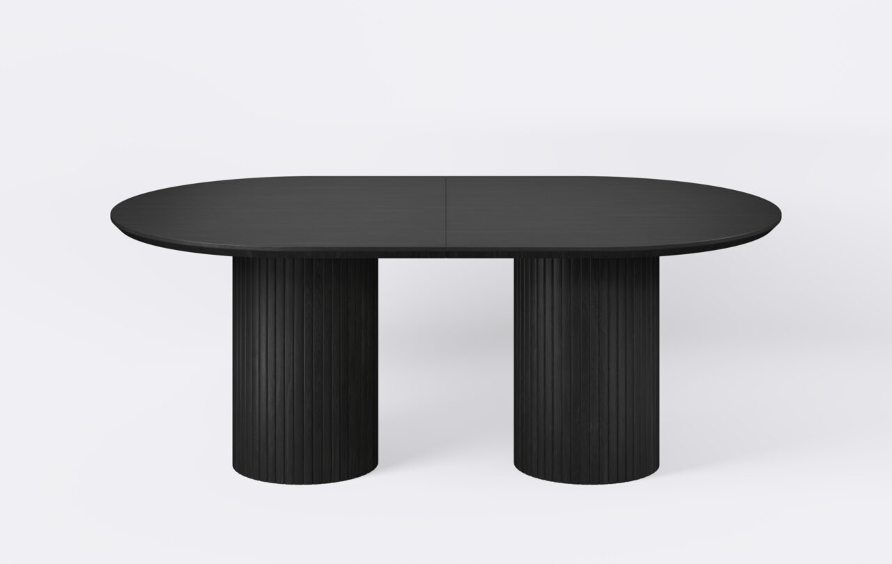 Czarny stół do jadalni, lamele, nowoczesny.