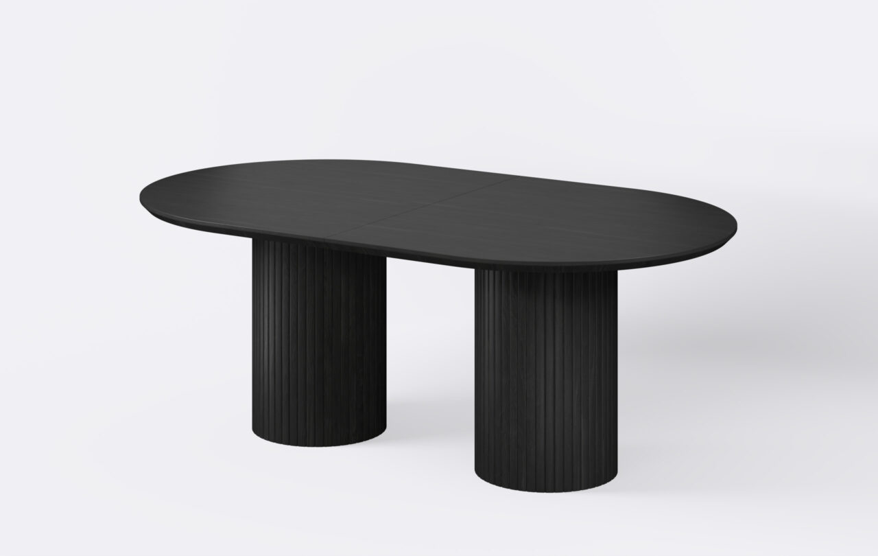 Stół z lamelami na dwóch nogach do salonu, z funkcją rozkładania.