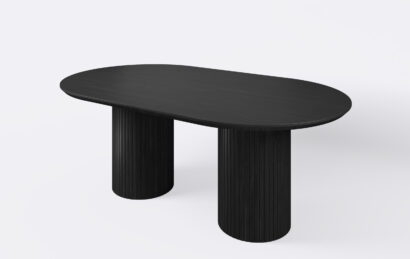 Stół owalny na dwóch okrągłych nogach z lamelami, funkcja rozkładania.