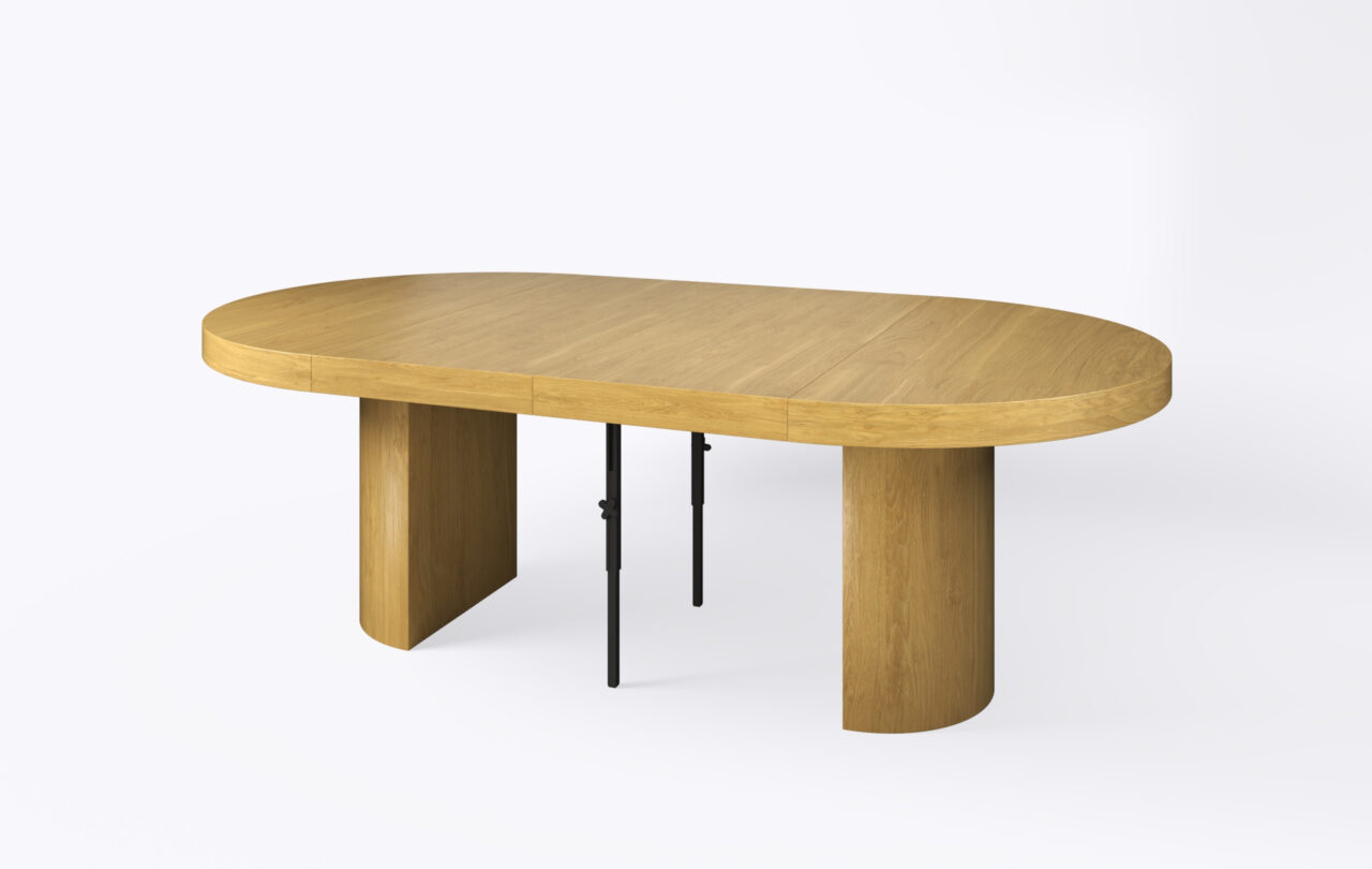 Rozkładany stół na jednej nodze, poszerzony o dwa dodatkowe wkłady, gruby blat 8 cm.