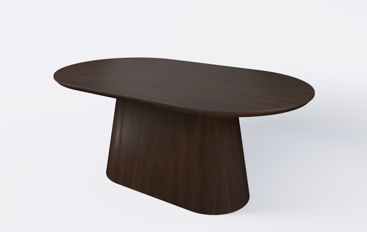 Stół owalny na podstawie stożkowej, możliwość rozkładania nawet o pięć dodatkowych wkładów.