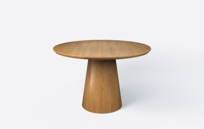 stół okrągły na jednej nodze w kształcie stożka, rozkładany.