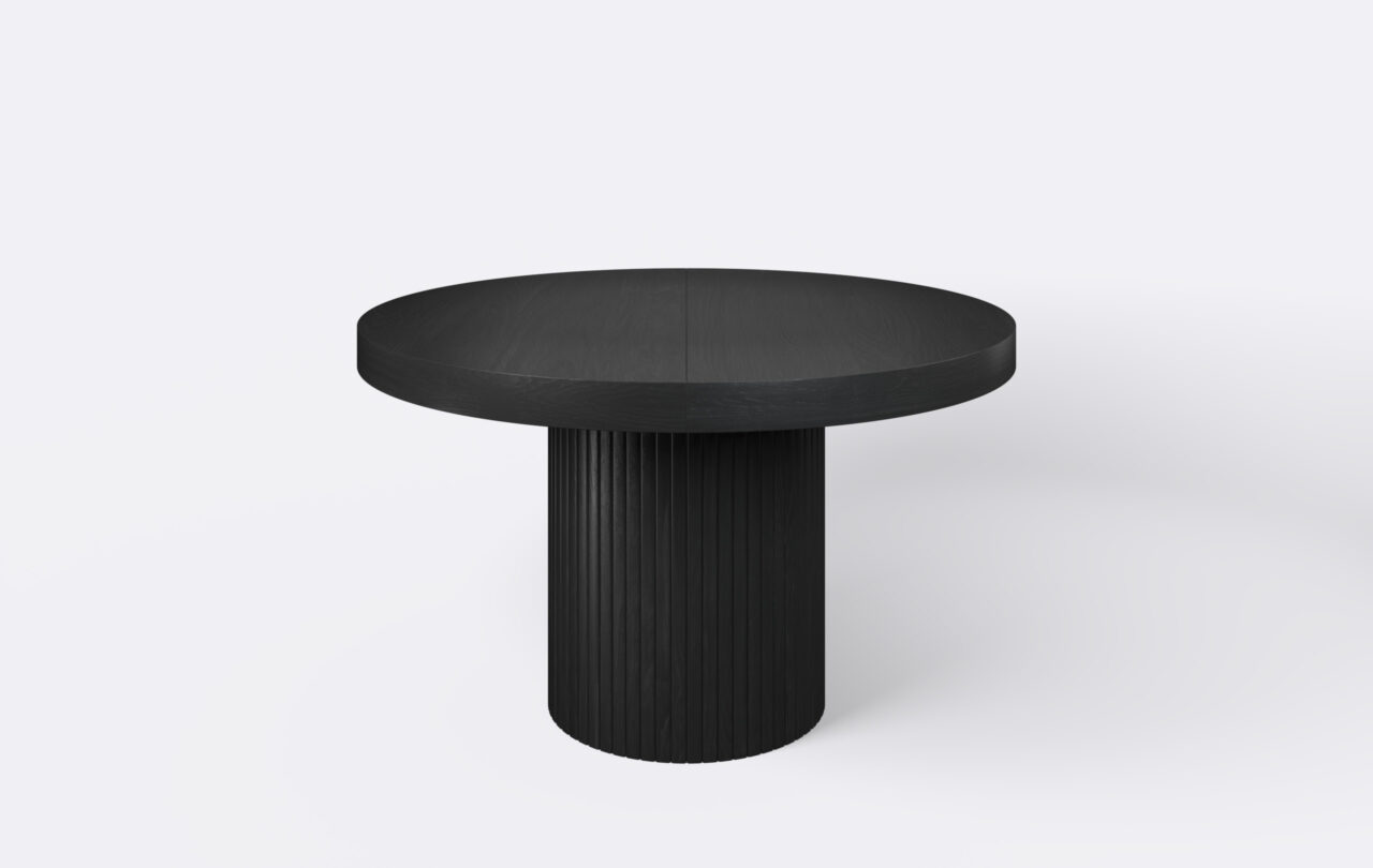 stół okrągły na jednej nodze z lamelami, rozkładany, grubość blatu 8 cm.