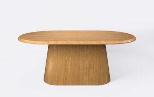 stół owalny na jednej nodze stożkowej, rozkładany nawet do 5 wkładek, krawędź blatu ścięta od góry.