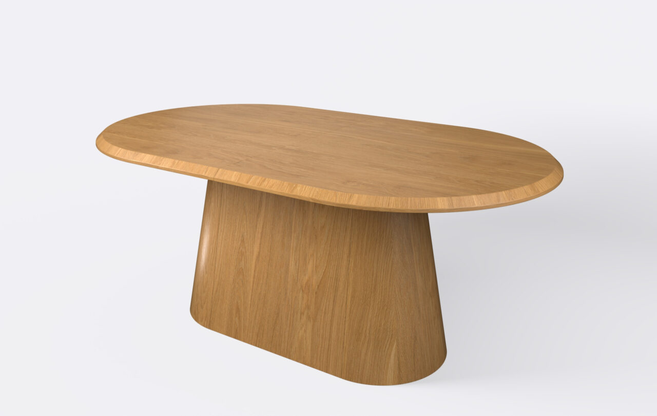 stół owalny na podstawie stożkowej, rozkładany nawet do 5 wkładów, krawędź blatu ścięta od góry.