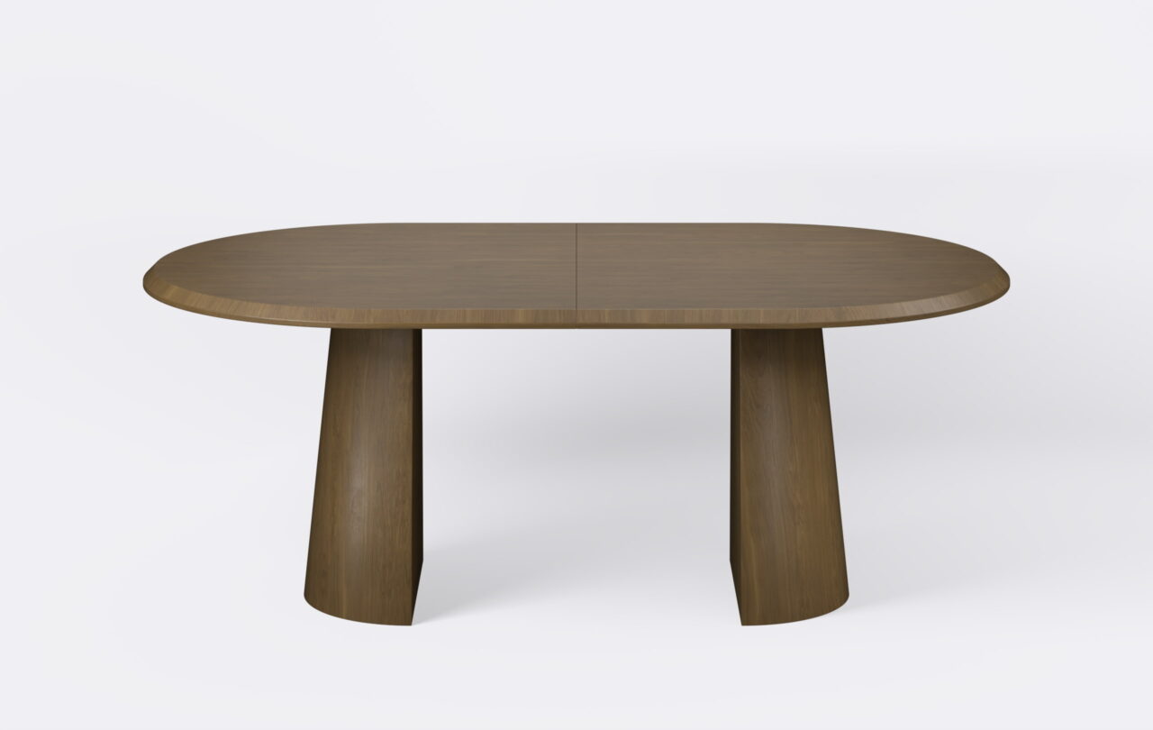 stół owalny na dwóch nogach w kształcie rozciętego stożka, możliwość rozkładania.