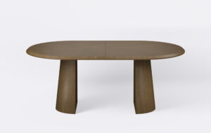 stół owalny na dwóch nogach w kształcie rozciętego stożka, możliwość rozkładania.