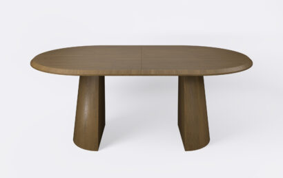 stół owalny na dwóch nogach w kształcie rozciętego stożka, możliwość rozkładania.