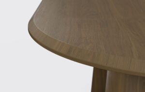 stół owalny na dwóch nogach, możliwość rozkładania, krawędź blatu ścięta od góry.
