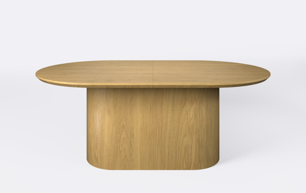 stół owalny na jednej nodze, blat fornirowany podcięty od dołu, możliwość rozkładania.