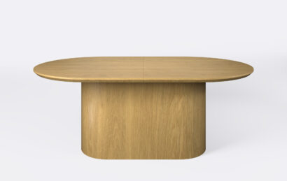 stół owalny na jednej nodze, blat fornirowany podcięty od dołu, możliwość rozkładania.