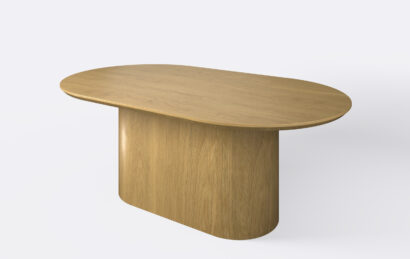 stół owalny rozkładany na jednej nodze, blat fornirowany podcięty od dołu.