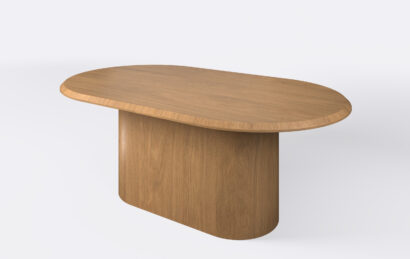 stół owalny na jednej nodze rozkładany, grubość blatu 4cm, krawędź blatu ścięta od góry.