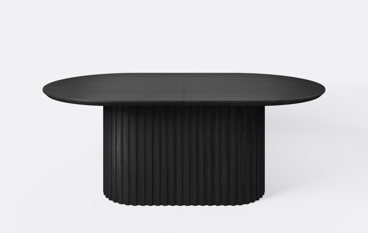 Stół owalny na jednej nodze z lamelami, rozkładany, grubość blatu 4cm - krawędź podcięta od dołu.