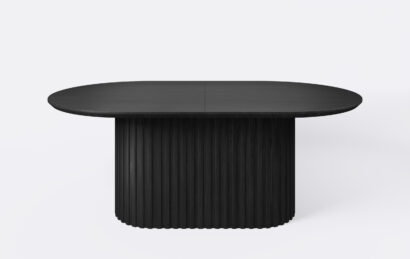 Stół owalny na jednej nodze z lamelami, rozkładany, grubość blatu 4cm - krawędź podcięta od dołu.