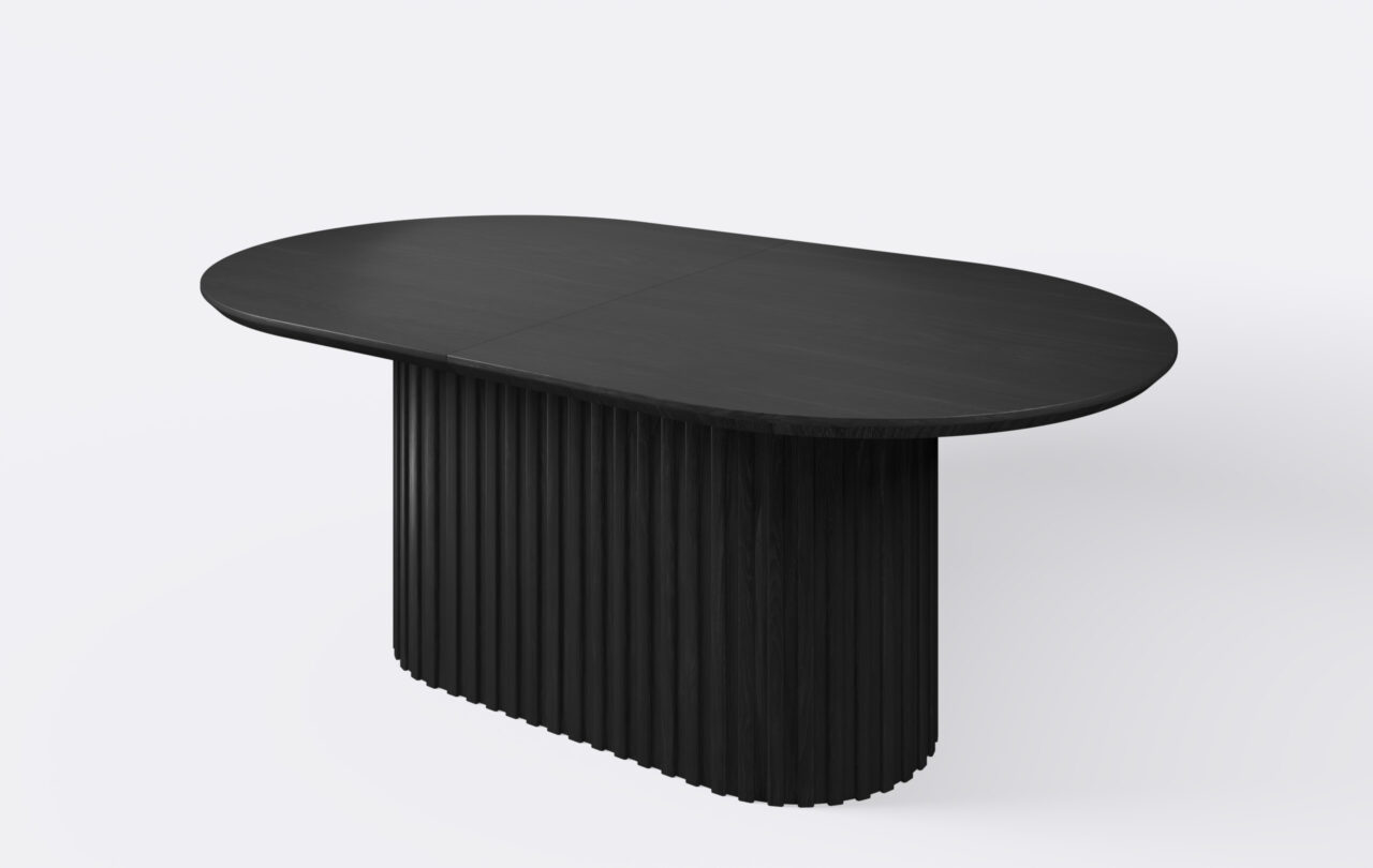 Stół z lamelami owalny na jednej nodze, możliwość rozkładania.