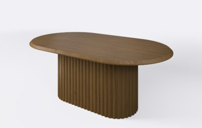 stół rozkładany owalny na podstawie z lamelami dębowymi, rozkładany.