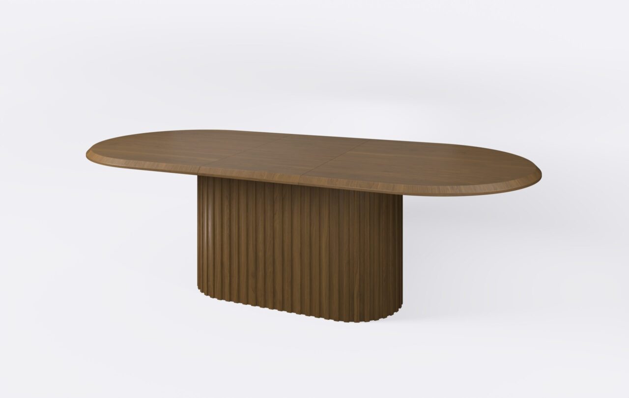 Brązowy stół do jadalni z owalnym blatem, funkcja rozkładania.