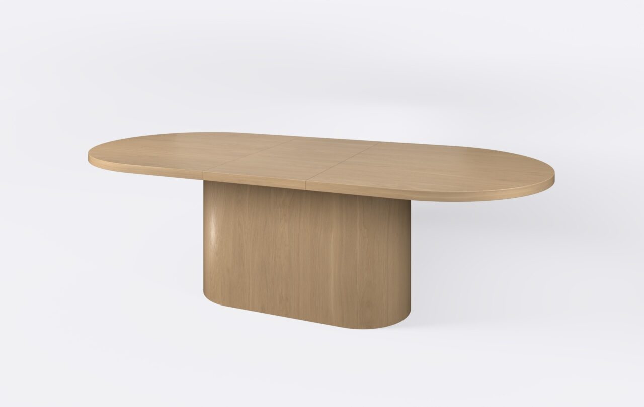 Bezbarwny stół do jadalni, z funkcją rozkładania, kształt blatu owalny.