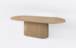 Bezbarwny stół do jadalni, z funkcją rozkładania, kształt blatu owalny.