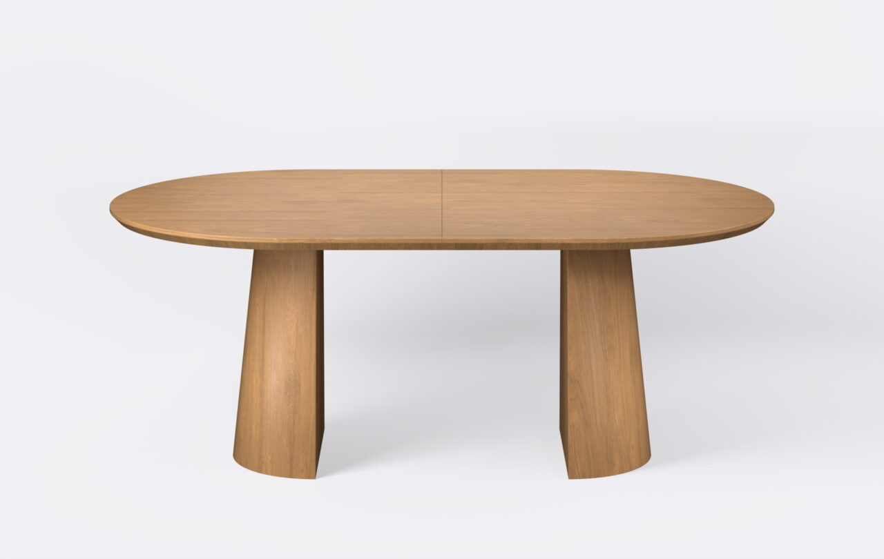 Stół owalny rozkładany na dwóch nogach, fornirowany dębowy.