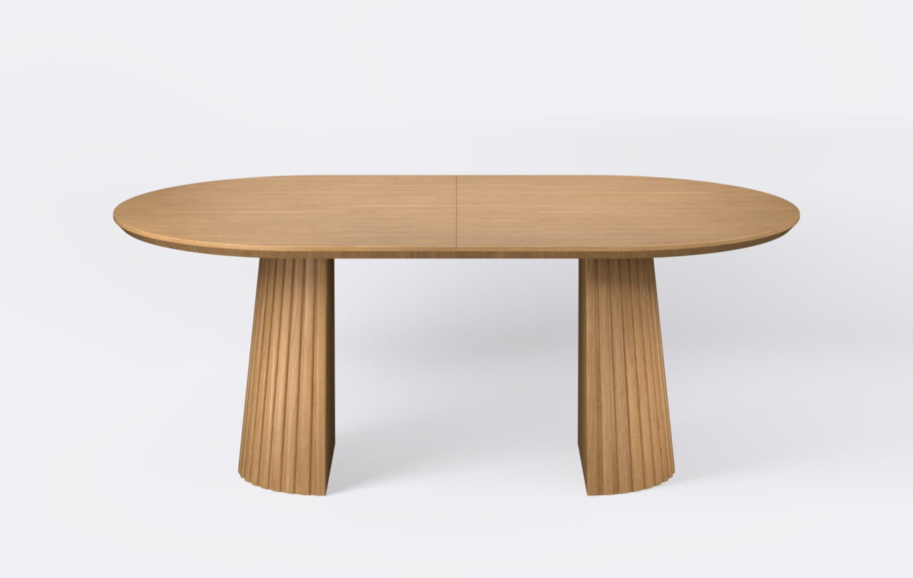 Stół owalny z lamelami na dwóch nogach z funkcją rozkładania.