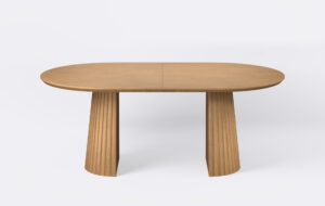 Stół owalny z lamelami na dwóch nogach z funkcją rozkładania.