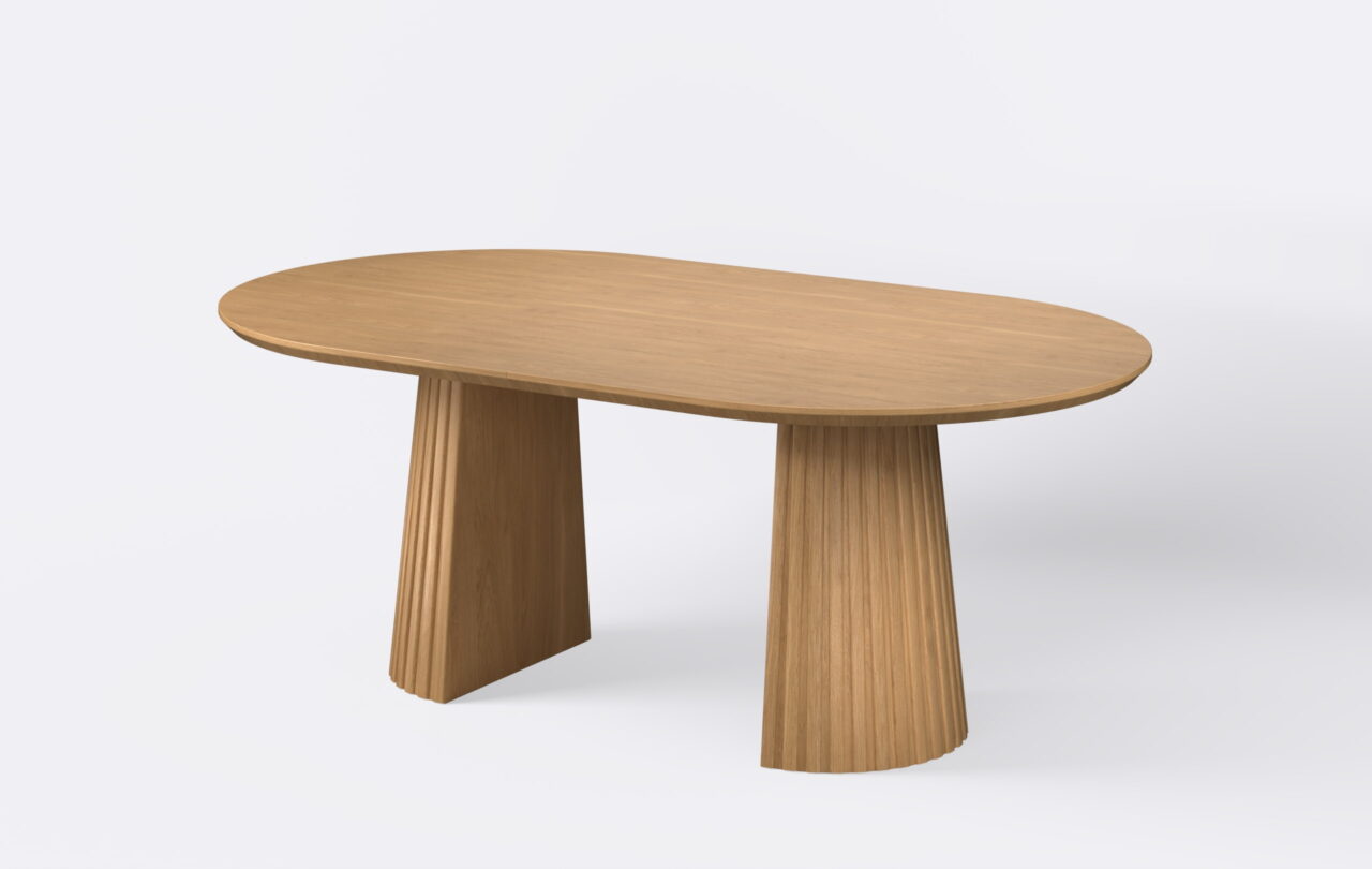 Stół owalny na dwóch podstawach z lamelami, posiada funkcję rozkładania.