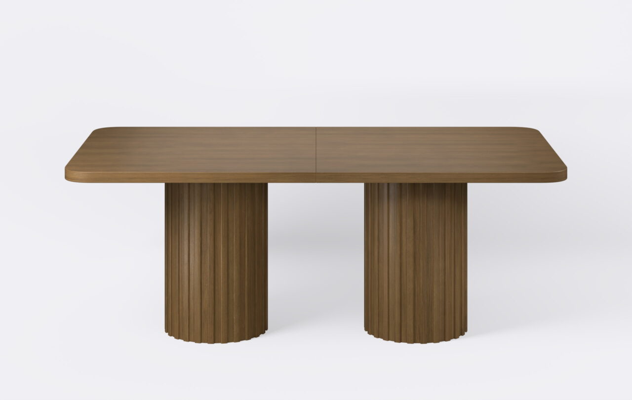 Stół jadalniany z lamelami, wykonany z naturalnego forniru dębowego.