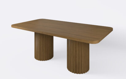 Stół prostokątny na dwóch okrągłych nogach z lamelami, z funkcją rozkładania.