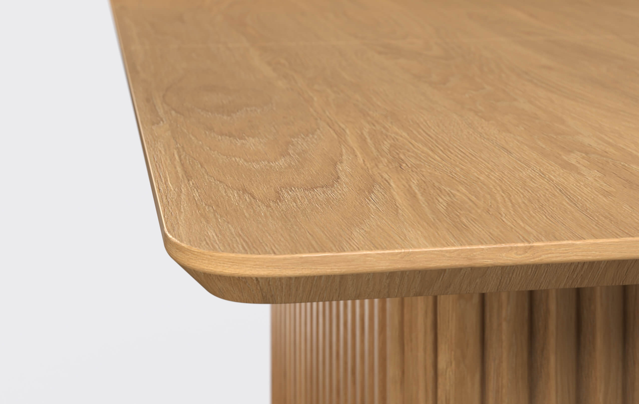 Stół prostokątny na jednej nodze z lamelami, krawędź blatu podcięta od dołu, możliwość rozkładania.