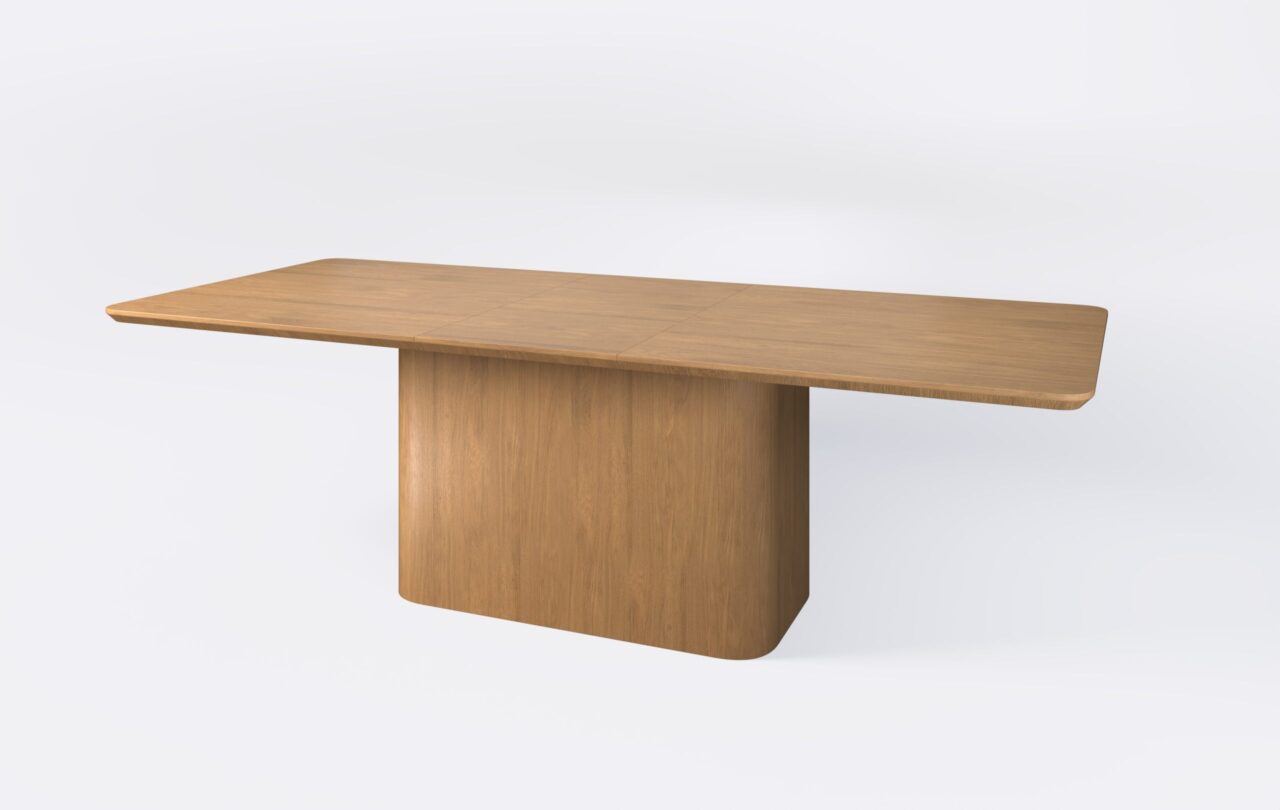 Stół do jadalni na jednej nodze z funkcją rozkładania, powiększony o jedną wkładkę.