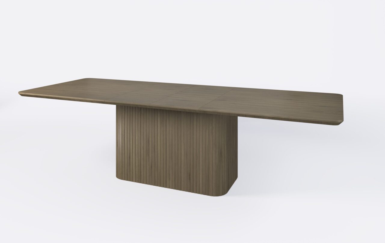 Rozkładany stół z lamelami, na jednej, nodze, poszerzony o dwie wkładki.