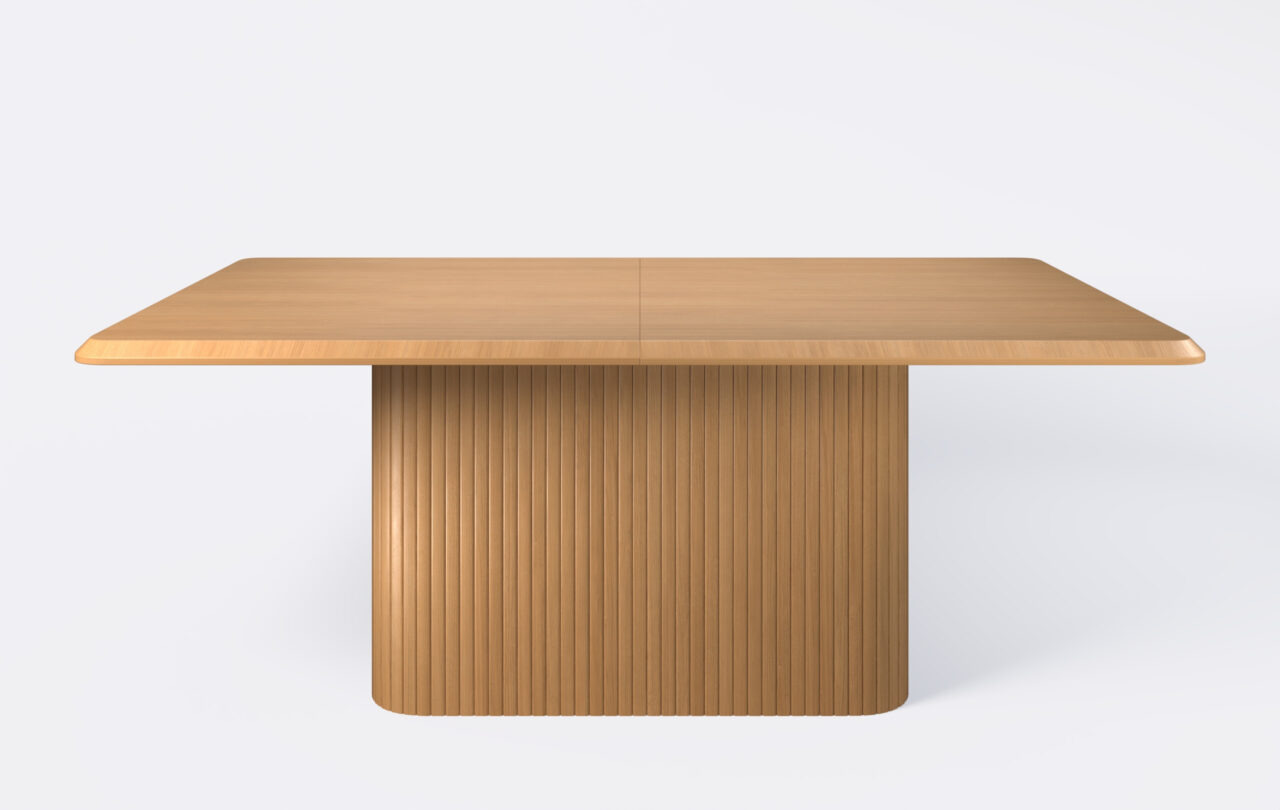 Stół prostokątny rozkładany na jednej nodze z lamelami, blat ścięty od góry.