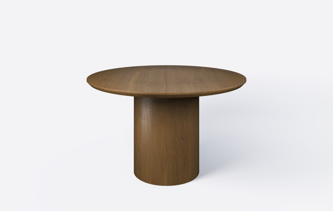 Stół rozkładany na jednej nodze, okrągły blat ścięty od dołu.