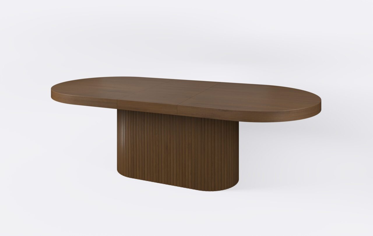 Owalny stół z funkcją rozkładania, z lamelami i dodatkową wkładką.