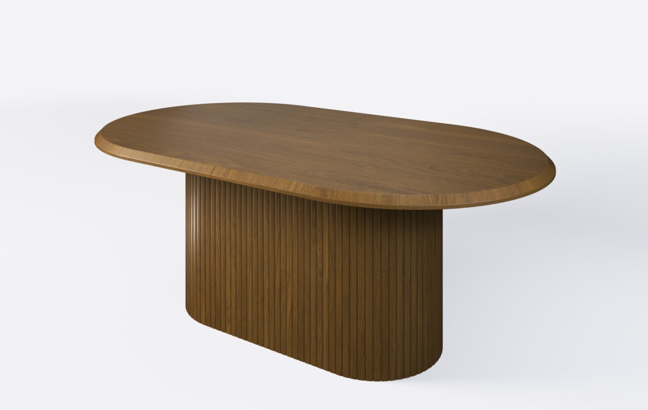 Stół owalny z lamelami, krawędź blatu ścięta od góry, blat fornirowany dębowy, możliwość rozkładania.