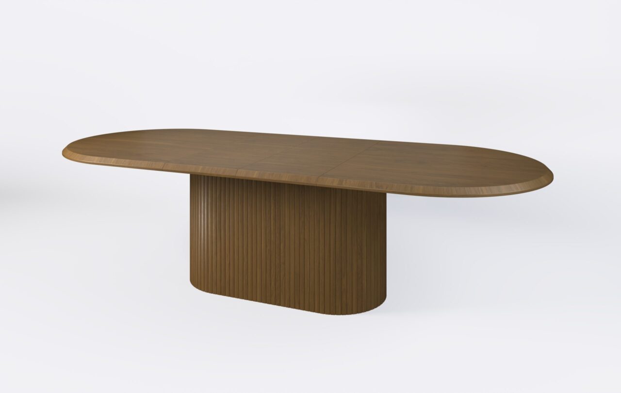 Rozkładany stół do jadalni z lamelami, poszerzony o 2 wkłady.