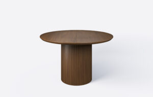 Stół na jednej nodze z lamelami rozkładany, krawędź blatu podcięta od dołu.