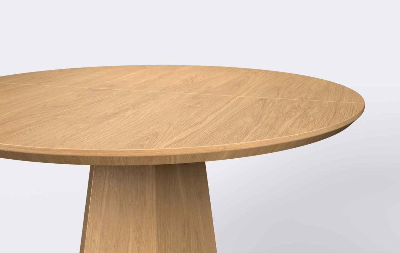 Okrągły stół na podstawie, blat wykonany z forniru dębowego, krawędź podcięta, możliwość rozłożenia.